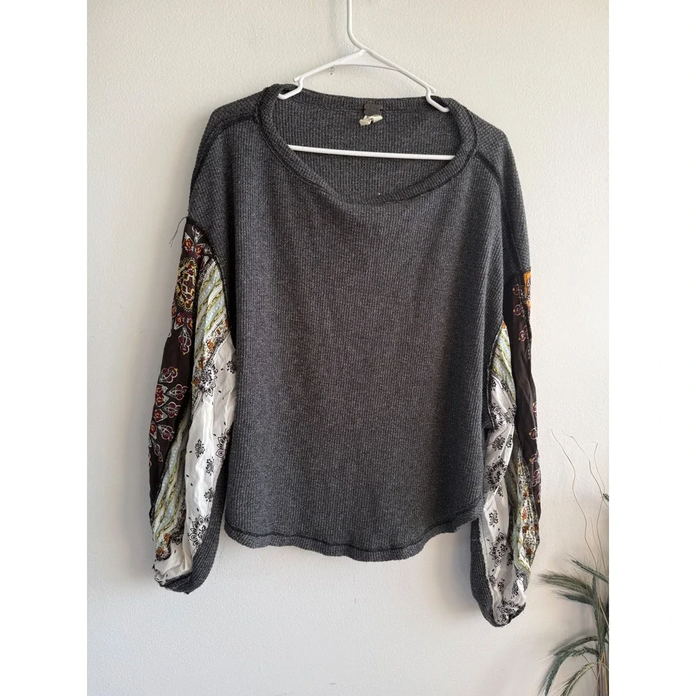 Free People We The Free Grey Waffle Knit Patchwork Paisley Sleeve Thermal Top XS